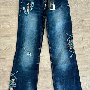 Flamingals NWT Women's Feather Embroidery Mid Waist Stretch Bootcut Jeans Size L